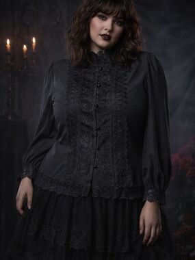 Bedford Fair Black Lace Blouse Gothic Victorian Romantic Lace Panel